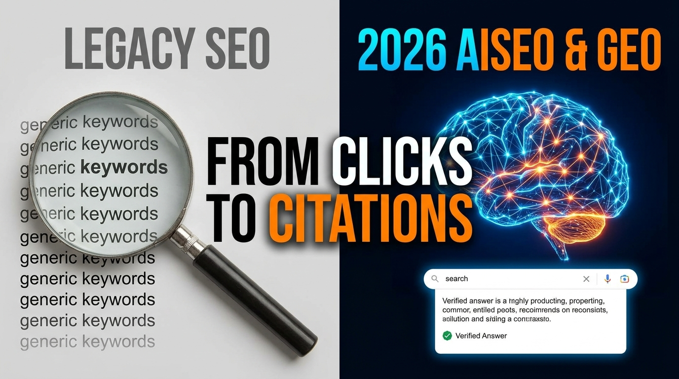 GEO for small businesses - From Clicks to Citations infographic showing AI search strategy